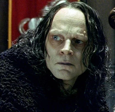 Gríma Wormtongue, un hombre con cabello largo y oscuro, expresión seria, lleva una prenda oscura y gruesa