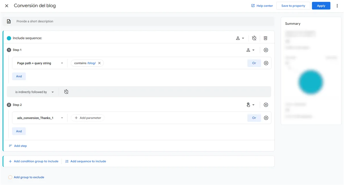 Auto-generated description: Interfaz de configuración de conversión en una plataforma de análisis digital con opciones para definir pasos y parámetros específicos.